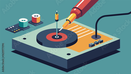 A closeup of a soldering iron being used to connect wires on the electronic components of the DIY record player. Vector illustration