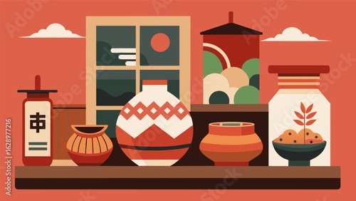 A clay pottery display featuring pieces from different regions in Japan highlighting the techniques and styles passed down through generations..