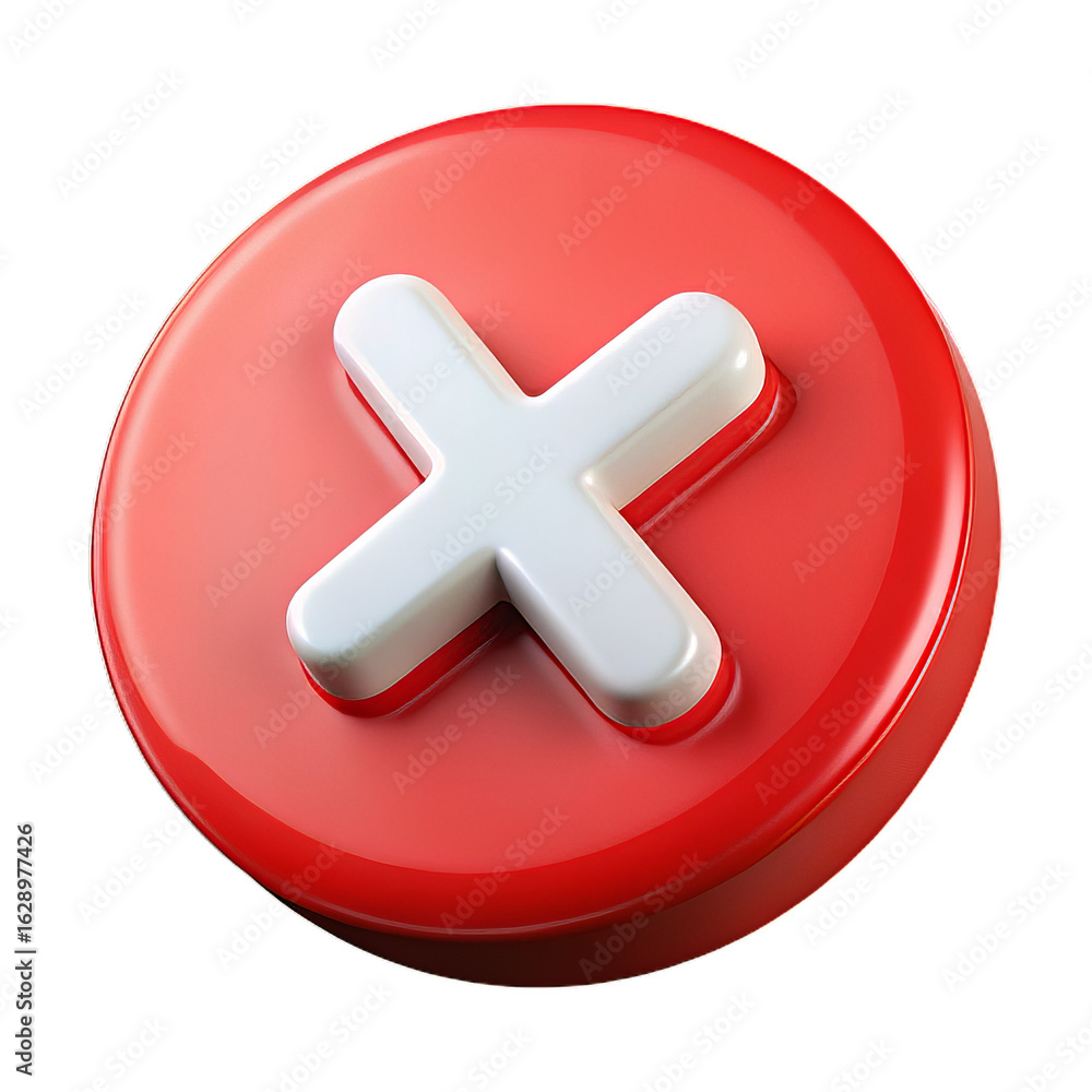 Fototapeta premium Glossy Red Plastic Cancel Button with Embossed White “X†Center, Transparent Background