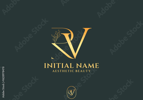 Letter RV Beauty Logo with Flourish Ornament Luxury Elegant, Initial Name Logo Design for Aesthetic Beauty Brand