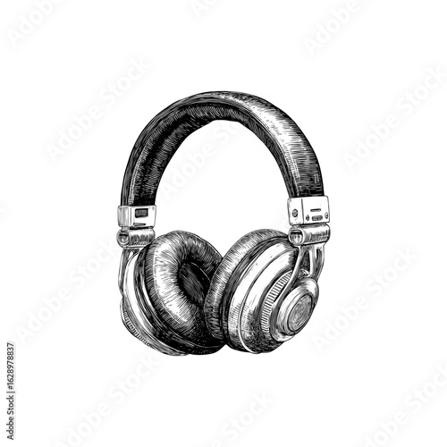 Engraving style illustration of over-ear headphones with padded earcups in black and white on transparent background – Audio vector for podcast branding, music product packaging, and DJ promotional 