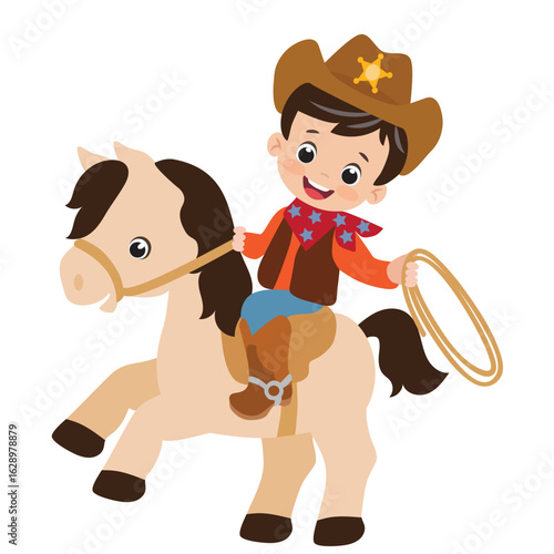 Cute little cowboy riding a horse vector cartoon illustration