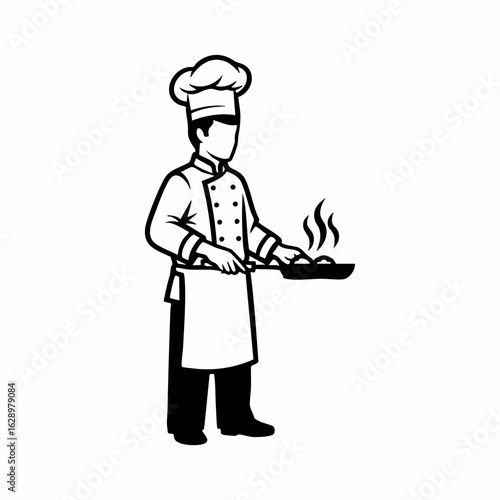Chef Cooking with Frying Pan and Cooking Flames for Restaurant Branding, Culinary Websites, Food Blogs, Menu Design, and Cooking Class Materials  