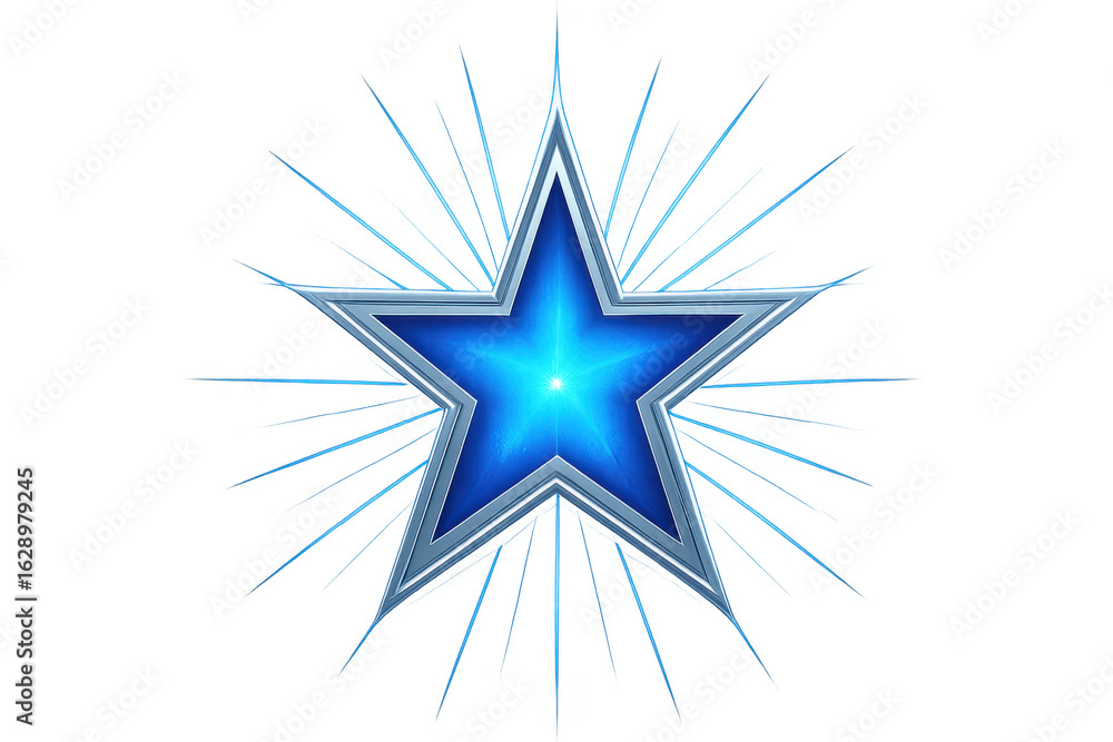 Obraz premium Glowing blue star with silver edges radiating light beams, isolated on transparent background, perfect for graphic design projects