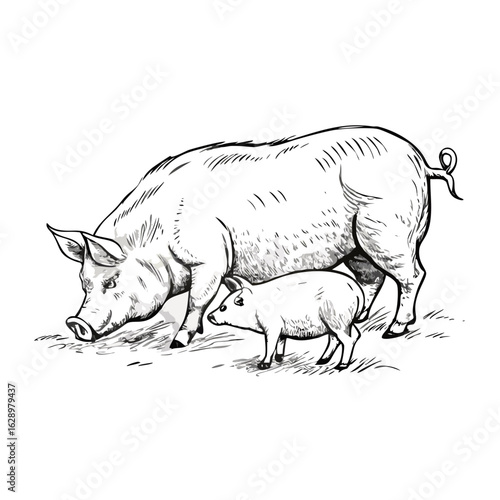 Pig mother feeds piglets. Sketch scratch board imitation.