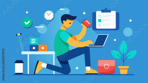 A busy professional using an interactive fitness app to squeeze in a quick but effective workout during their lunch break.. Vector illustration