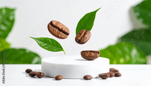 Coffee beans and green leaves levitating above a white platform, showcasing freshness.