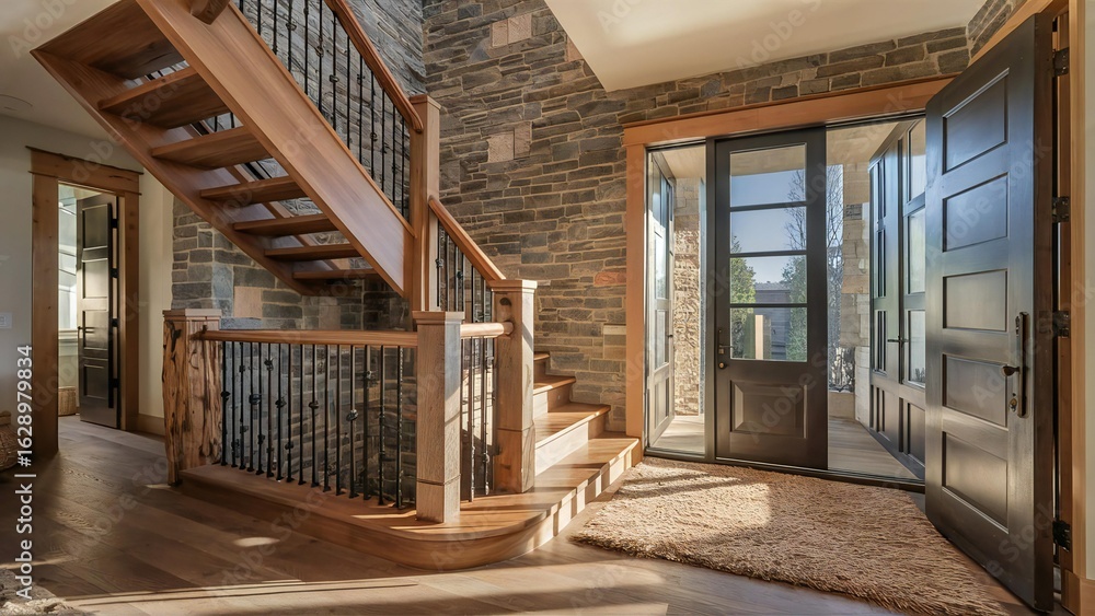 Fototapeta premium Rustic staircase and entryway with stone accent wall