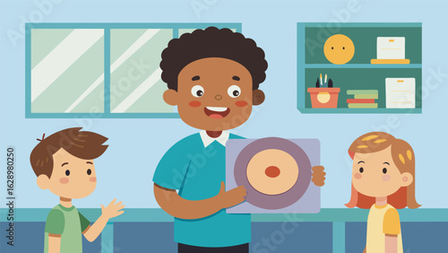 A child proudly shows off their homemade vinyl record out of clay sharing it with classmates and explaining how they made it. Vector illustration