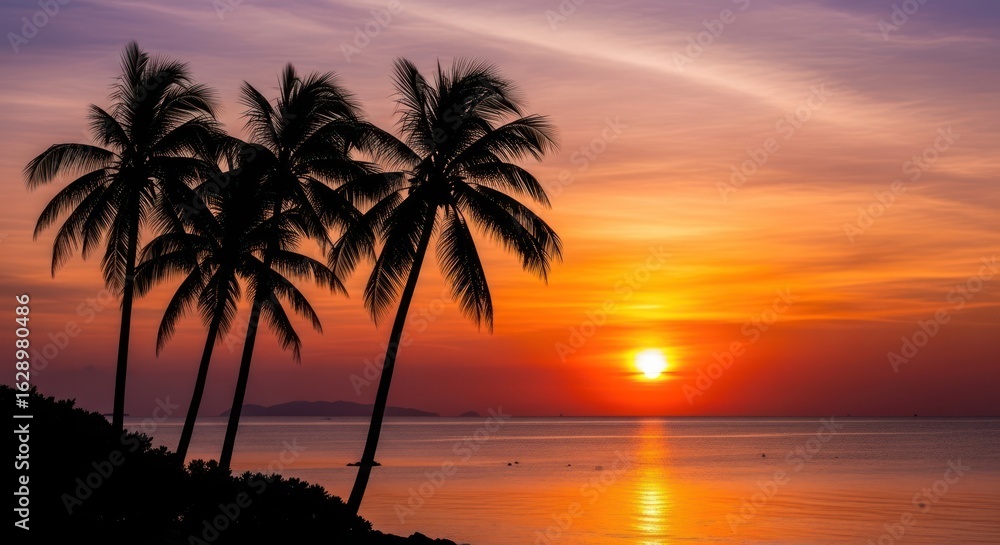 Obraz premium Tropical Paradise Sunset with Palm Trees Silhouette over Ocean Water