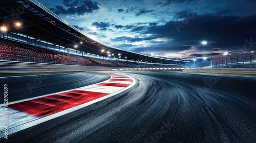 Fast ride on racing track and empty grandstands around asphalt road at night.