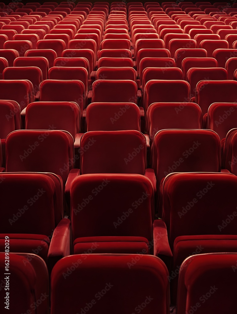 Fototapeta premium Rows of empty red velvet seats fill a darkened movie theater before showtime