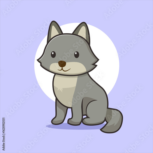 Adorable cartoon wolf sits patiently in a soft pastel setting