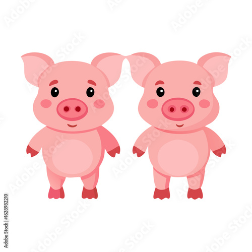 Two pink piglets standing on white background.