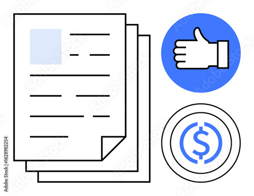 Stack of papers, hand gesture symbolizing approval, and dollar icon. Ideal for business, finance, approval process, documentation, budgeting, contracts and a simple landing page