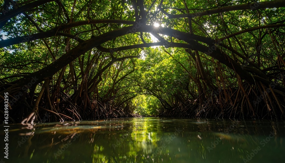 Obraz premium Sunlit mangrove river view from water