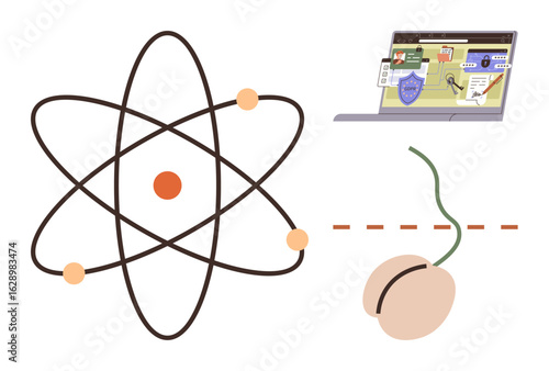 Atomic model with orbiting electrons, laptop with learning materials, germination process with seed and sprout. Ideal for education, learning, biology, physics, innovation, technology science