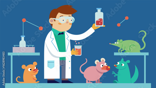 A cartoon drawing portraying a scientist in a lab coat mixing chemicals and testing them on small animals in order to develop a new form of.