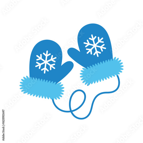 A pair of blue mittens with snowflakes connected by a string, winter clothing.

