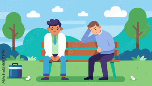A man sitting on a park bench his head drooping as he fights off an overwhelming sense of fatigue and lethargy. Nearby a doctor prepares to administer.