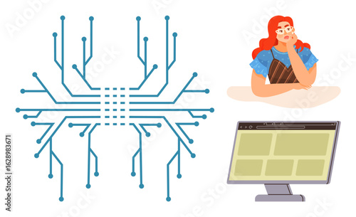 Red-haired woman thoughtfully resting her chin on her hand, abstract circuit representing technology, and a computer screen showcasing UI layout. Ideal for innovation, AI, web design, data analysis