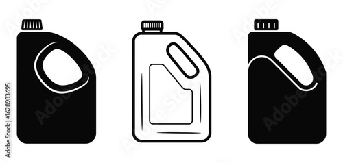 A set of plastic canisters or jerrycans for automotive fluids and chemicals.

