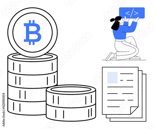 Bitcoin coin stacks, woman working on coding, and papers symbolizing transaction records. Ideal for cryptocurrency, programming, fintech, blockchain, digital wallets, coding education simple landing