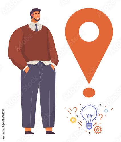 Businessman standing near large orange geolocation pin and innovation icons thumbs up light bulb, gears, and question marks. Ideal for planning, strategy, creativity, entrepreneurship