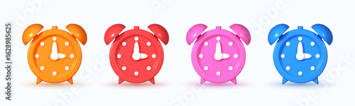 Set of 3D alarm clock emoji icons featuring colorful table clocks in blue, yellow, pink, and red. Perfect for representing wake up time, reminders, and daily schedules.