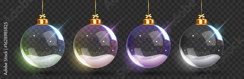 Christmas and New Year 3D glass bauble set with snow inside. Realistic transparent ornaments with snowflake details. Ideal for winter holiday decoration, greeting cards, and festive designs.