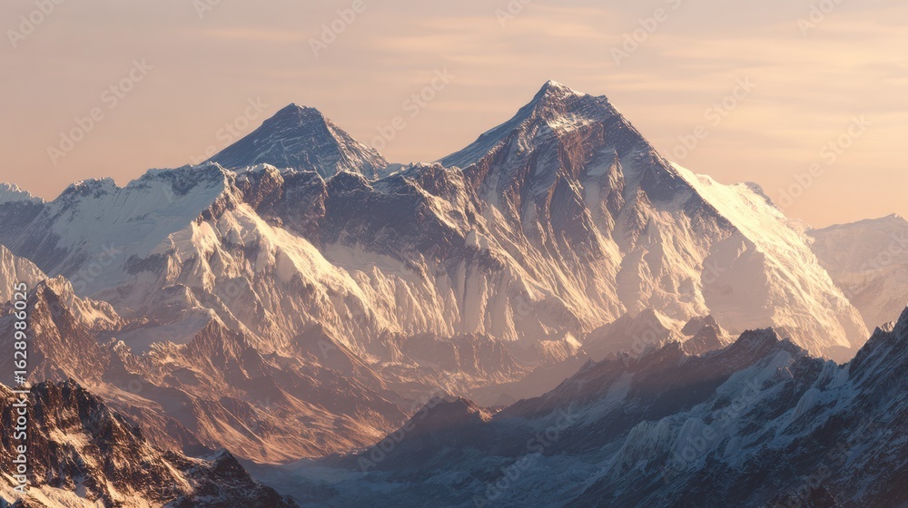 Fototapeta premium Majestic snow-covered mountain range at dawn, bathed in warm, golden light, vast panorama
