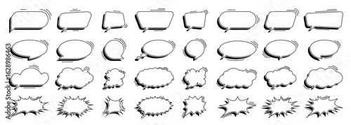 Vector collection of white speech bubbles with bold black 3D shadows. Variety of shapes and sizes. Perfect for comics, illustrations, and creative projects.