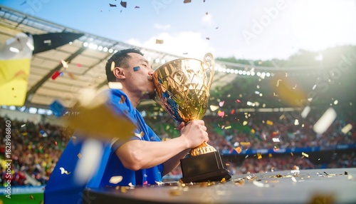 A Champion's Reverent Kiss: Athlete Celebrates with Golden Trophy and Confetti