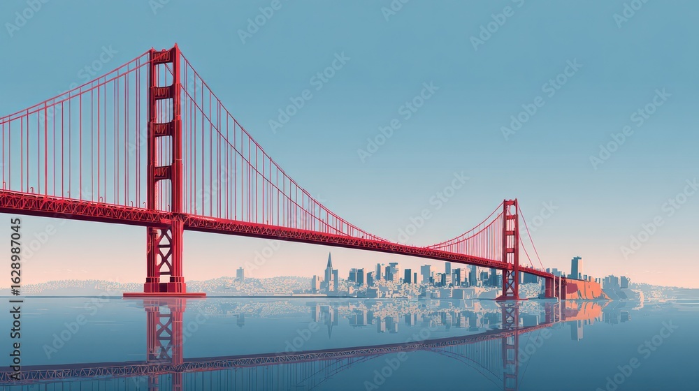 Fototapeta premium Red bridge spans a calm body of water, reflecting the city skyline behind
