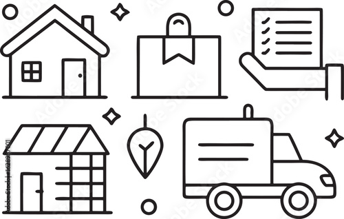 Simple line art icons of house delivery truck shopping bag and checklist home building