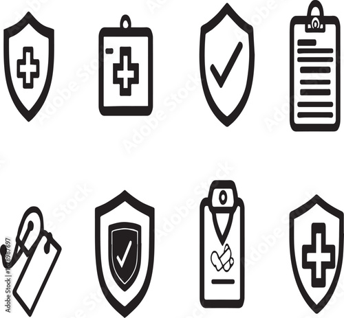 A set of eight line art icons depicting medical symbols, shields, and a document on a white background