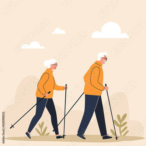 Elderly couple Nordic walking outdoors in casual clothing  
