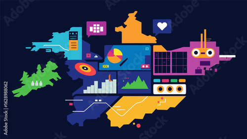 A map divided into sections representing the different regions and genres of electronic dance music. Vector illustration