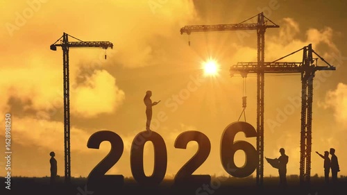 Animated video of construction cranes building the number 2026 at sunset.
