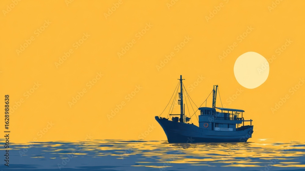 Fototapeta premium Boat in calm water, warm sunset. Simplistic illustration