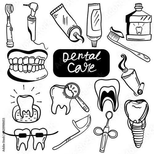 Dental Core icon set with health, teeth. dental irrigator, mouthwash, broken tooth, medical report, syringe, dental drill