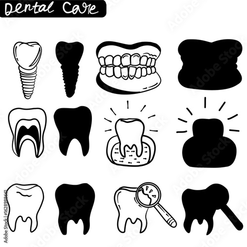 Dental Core icon set with health, teeth. dental irrigator, mouthwash, broken tooth, medical report, syringe, dental drill