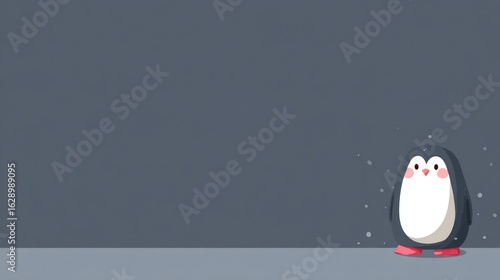 Cartoon penguin against a gray wall background with falling snow effect on the right