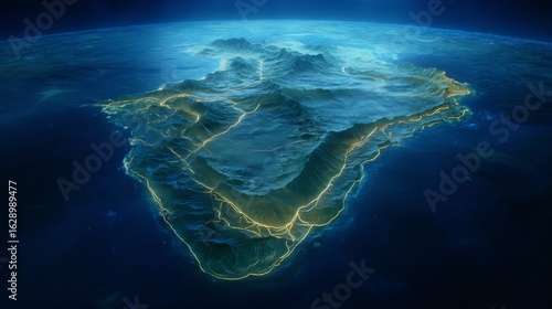 Majestic submerged continent map glowing with golden tectonic lines beneath deep blue ocean surface, symbolizing lost civilizations, geological mysteries, and underwater exploration futuristic sci-fi 