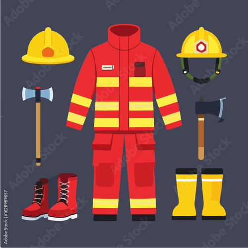 Vector illustration of a firefighter's equipment including uniform, boots, helmet, and axe, isolated on a dark gray background in a flat design style.