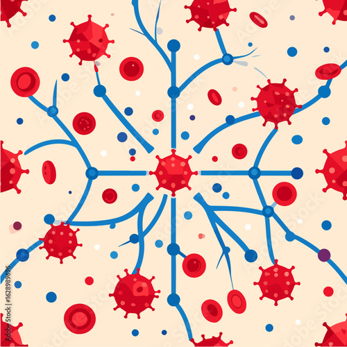 An abstract illustration showing blood cells, blood vessels, and virus cells on a light background, suitable for medical, science, or health-related design projects.