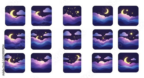 Night sky illustrations set with clouds moon stars