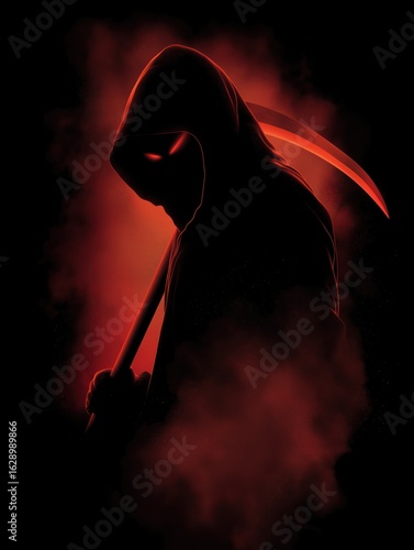 The Grim Reaper emerges from the shadows, scythe in hand, a chilling sight in red and black.