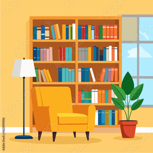 A cozy cartoon illustration depicting an inviting interior space with a bookshelf filled with books, a comfortable armchair, a floor lamp and a houseplant by the window.