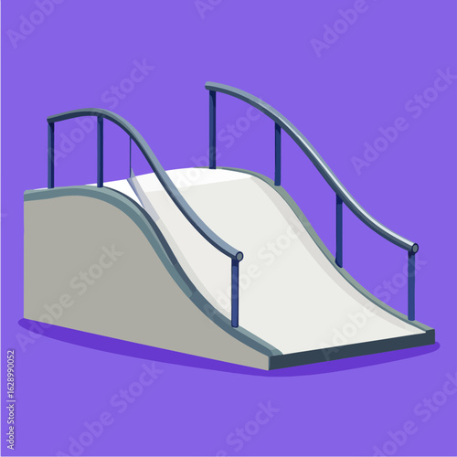 Isolated cartoon illustration of a skate ramp with rails, presented against a solid purple background, a cool design element for various creative projects.
